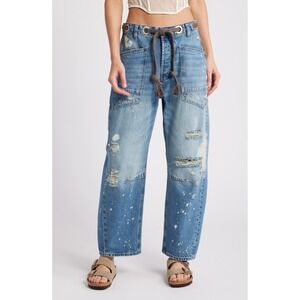Free People We the Free Moxie Barrel Paint Splatter Jeans | Calypso | size 28